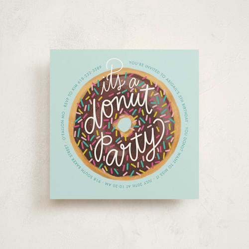 This is a chocolate kids birthday invitations with standard by Jen Owens called donut party printing on signature in standard