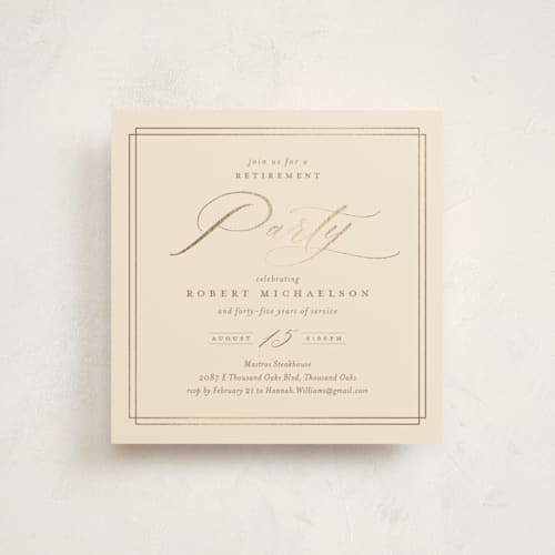 This is a ecru holiday party invitations with foil pressed by Kamala Nahas called classic celebration printing on signature in standard