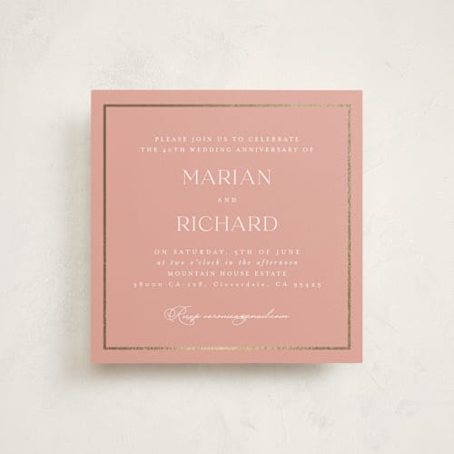 This is a dusty rose holiday party invitations with foil pressed by Lucrecia Caporale called timeless charm printing on signature in standard