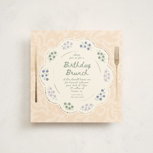 This is a buttercream holiday party invitations with foil pressed by Hannah Williams called birthday brunch table printing on signature in standard