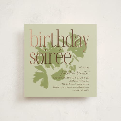 This is a tappenade holiday party invitations with foil pressed by Kamala Nahas called birthday soiree printing on signature in standard