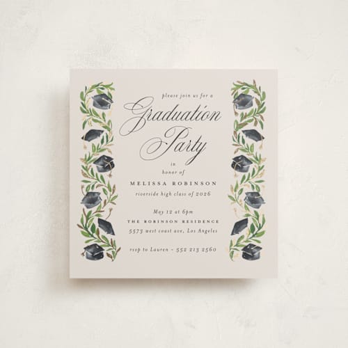 This is a neutral graduation invitations with foil pressed by Claudia Orengo called hats off printing on signature in standard