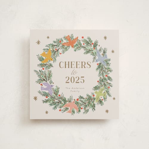 This is a gingerbread non photo holiday cards with standard by Cass Loh called peace dove pine wreath printing on signature in standard