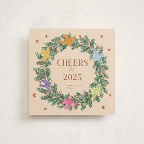 This is a champagne non photo holiday cards with standard by Cass Loh called peace dove pine wreath printing on signature in standard