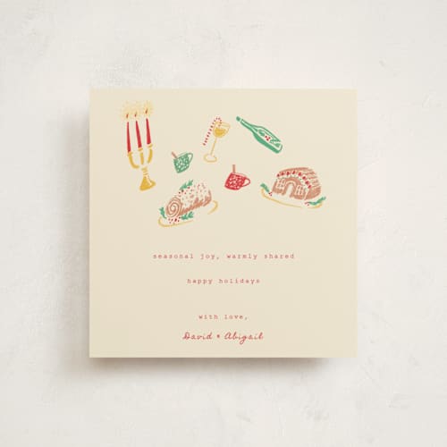 This is a champagne holiday photo cards with standard by Sarah Rosenthal called seasonal joy printing on signature in square