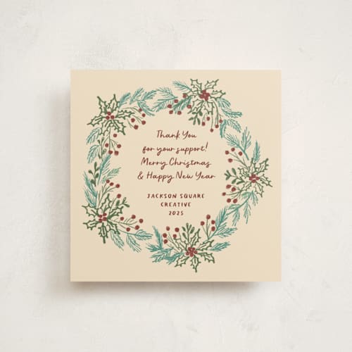 This is a buttercream holiday photo cards with standard by Kanika Mathur called sketched wreath printing on signature in square