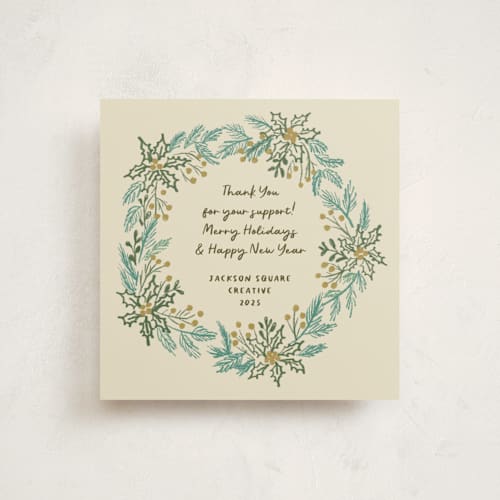 This is a butterscotch holiday photo cards with standard by Kanika Mathur called sketched wreath printing on signature in square