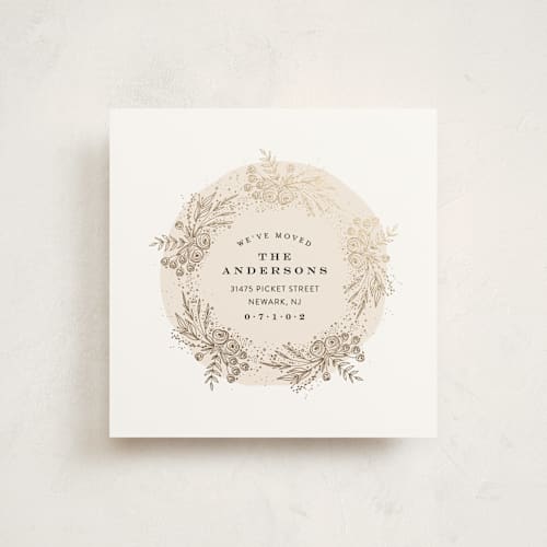 This is a gold moving announcements with foil pressed by Phrosné Barwood called front door wreath printing on signature in standard