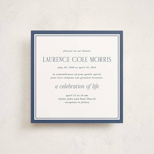 This is a navy memorial cards with standard by Tamara Hilje called blues printing on signature in standard