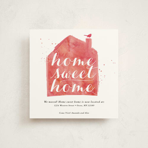 This is a coral moving announcements with standard by Nuts and Bolts Paper Co. called home sweet home watercolor printing on signature in standard