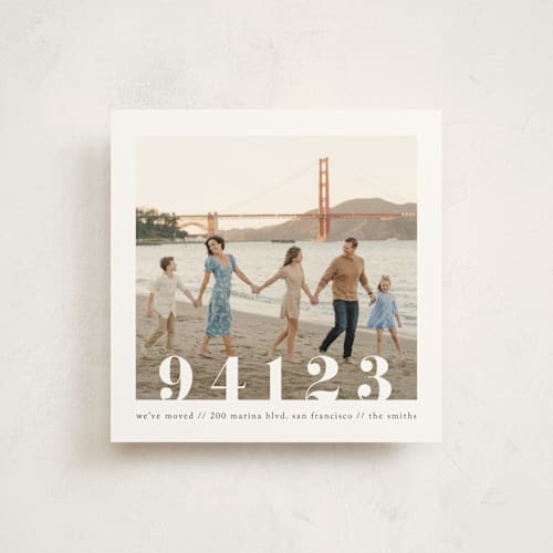 This is a linen moving announcements with standard by Ashley Cuccio called malibu dreams printing on signature in standard