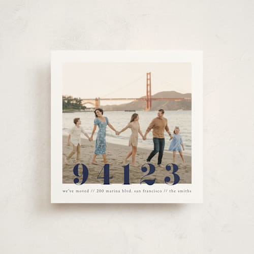 This is a navy moving announcements with standard by Ashley Cuccio called malibu dreams printing on signature in standard