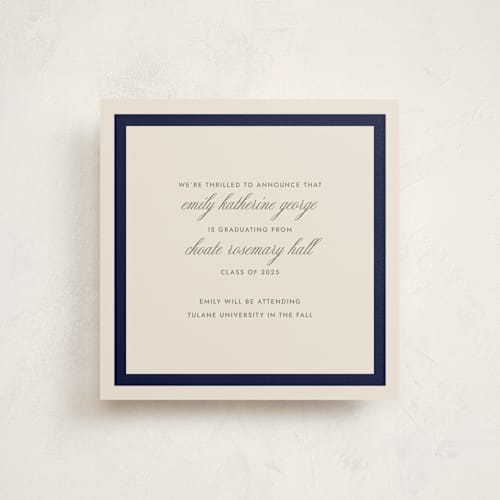 This is a navy graduation announcements with standard by Megan Davis called montauk printing on signature in standard