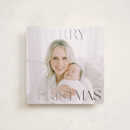 This is a tinsel foil pressed holiday cards with foil pressed by Angela Thompson called merry squary printing on recycled smooth signature in standard