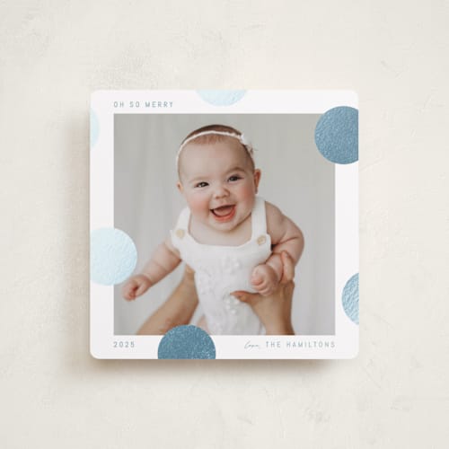 This is a blue jay foil pressed holiday cards with foil pressed by Blustery August called pompom printing on recycled smooth signature in standard