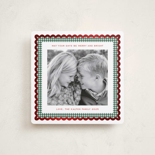 This is a mistletoe foil pressed holiday cards with foil pressed by Erin German called gingham fun printing on recycled smooth signature in square