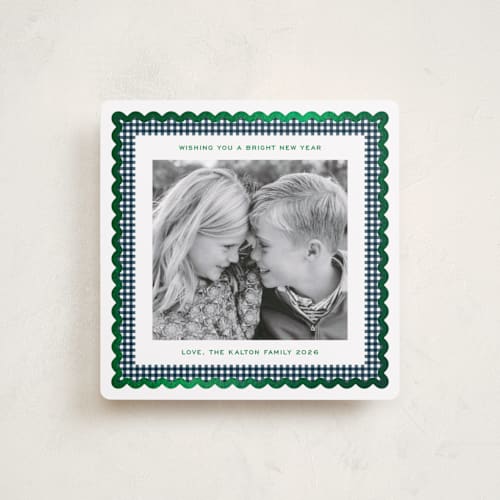 This is a navy foil pressed holiday cards with foil pressed by Erin German called gingham fun printing on recycled smooth signature in square