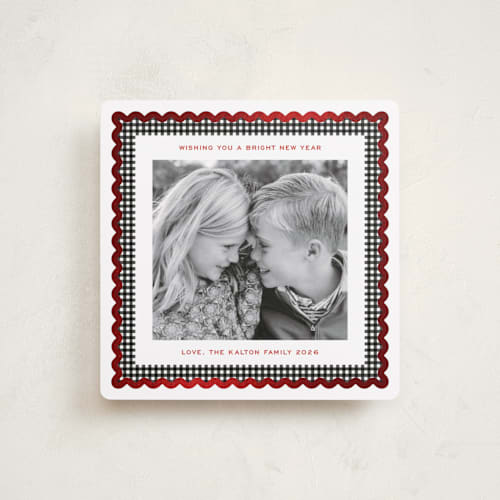 This is a coal foil pressed holiday cards with foil pressed by Erin German called gingham fun printing on recycled smooth signature in square