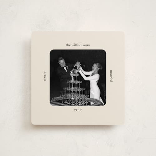This is a ivory holiday photo cards with standard by Beth Vassalo called vintage square printing on recycled smooth signature in standard