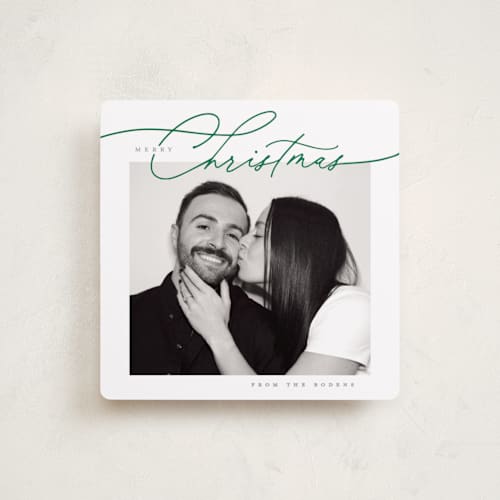 This is a evergreen holiday photo cards with standard by Susan Zinader called a simple script printing on recycled smooth signature in square