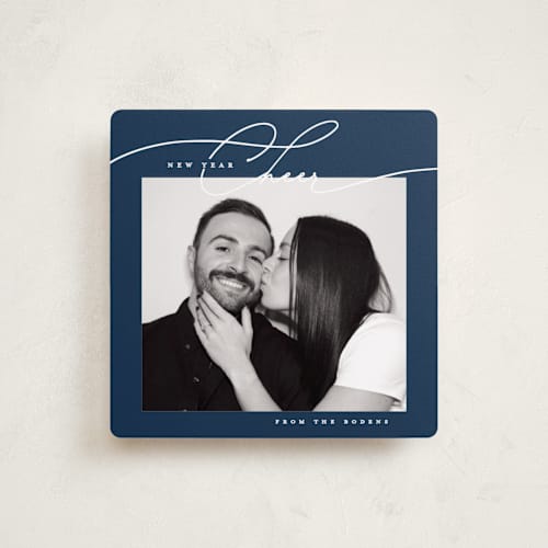 This is a navy holiday photo cards with standard by Susan Zinader called a simple script printing on recycled smooth signature in square