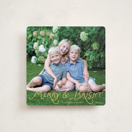 This is a goldenrod holiday photo cards with standard by Lindsay Megahed called bright script printing on recycled smooth signature in square
