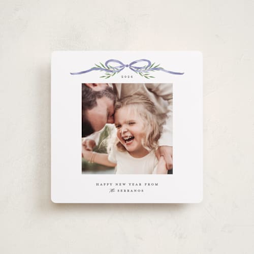 This is a french blue holiday photo cards with standard by Susan Zinader called bow topper printing on recycled smooth signature in square