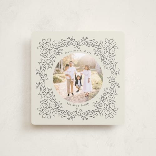 This is a charcoal holiday photo cards with standard by Jenny Millington called ornate floral printing on recycled smooth signature in square