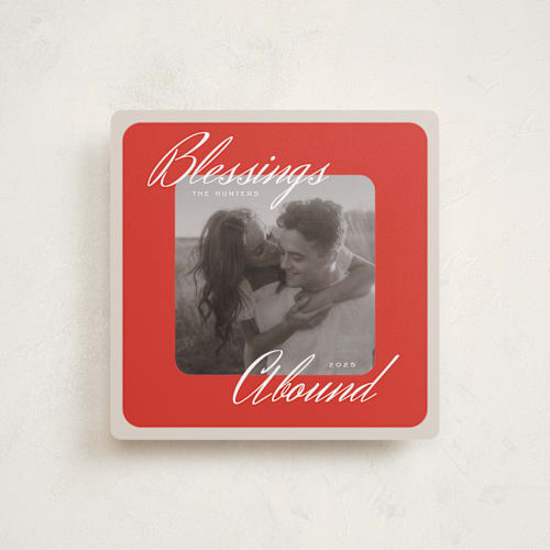 This is a cranberry holiday photo cards with standard by Danie Romrell called abounding blessings printing on recycled smooth signature in square