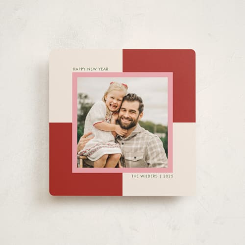 This is a cranberry tart holiday photo cards with standard by Morgan Kendall called checkmate printing on recycled smooth signature in standard