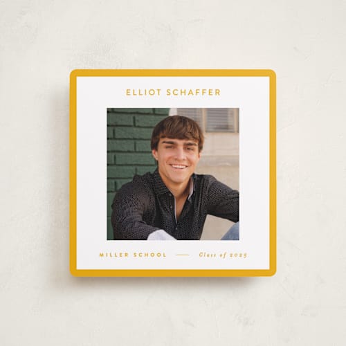 This is a golden graduation announcements with standard by JoAnn Jinks called square printing on recycled smooth signature in standard
