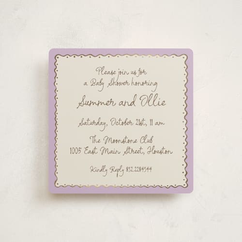 This is a lavender foil stamped baby shower invitations with foil pressed by Pati Cascino called sugar printing on signature in standard