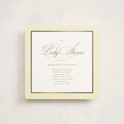 This is a pomelo foil stamped baby shower invitations with foil pressed by Tamara Hilje called eleganza printing on signature in standard