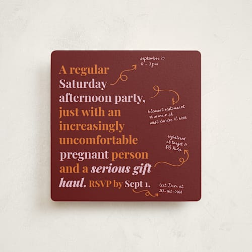 This is a pomegranate baby shower invitations with standard by Madison Kic called increasingly uncomfortable pregnant person printing on signature in standard