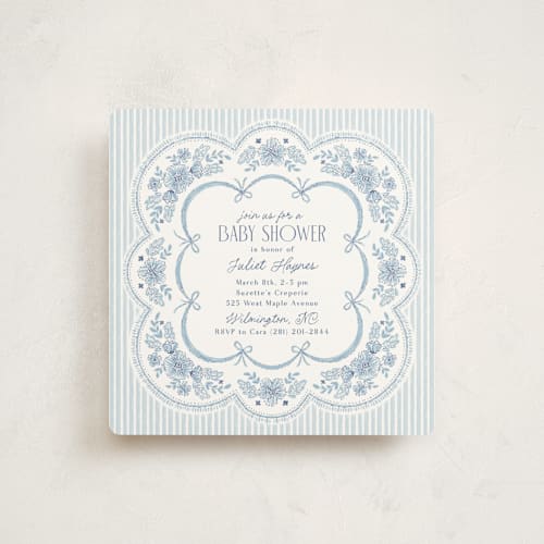 This is a cornflower baby shower invitations with standard by Laura Hankins called handkerchief printing on signature in standard
