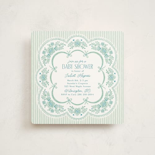 This is a spearmint baby shower invitations with standard by Laura Hankins called handkerchief printing on signature in standard