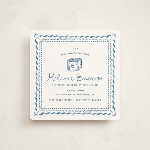 This is a baby blue baby shower invitations with standard by Claudia Orengo called letter box printing on signature in standard