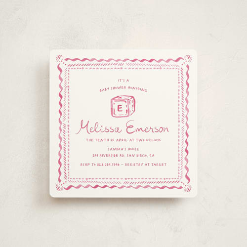 This is a blush baby shower invitations with standard by Claudia Orengo called letter box printing on signature in standard
