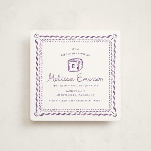 This is a lavender baby shower invitations with standard by Claudia Orengo called letter box printing on signature in standard