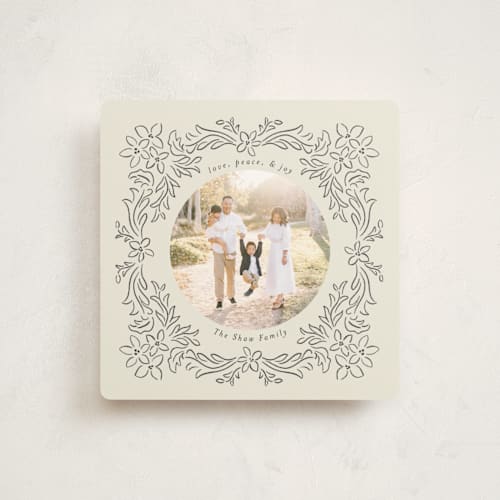 This is a charcoal holiday photo cards with standard by Jenny Millington called ornate floral printing on signature in square