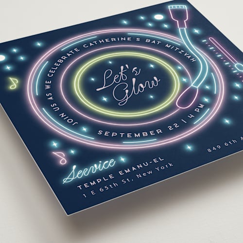 This is a navy bar mitzvah bat mitzvah invitations with standard by Ana de Sousa called neon spin printing on signature in standard