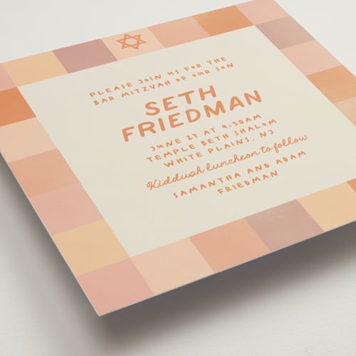 This is a melon bar mitzvah bat mitzvah invitations with standard by Creo Study called checkered mitzvah printing on signature in standard
