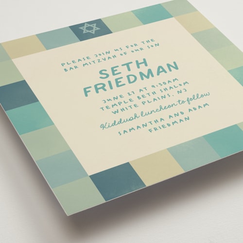 This is a turquoise bar mitzvah bat mitzvah invitations with standard by Creo Study called checkered mitzvah printing on signature in standard