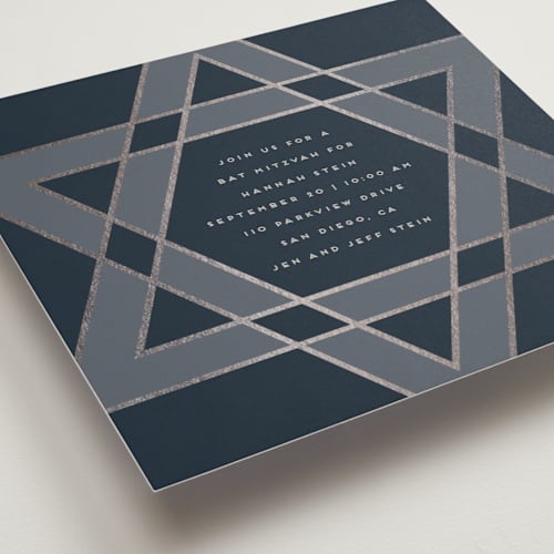This is a navy bar mitzvah bat mitzvah invitations with foil pressed by Stacy Maalouf called square star of david printing on signature in standard