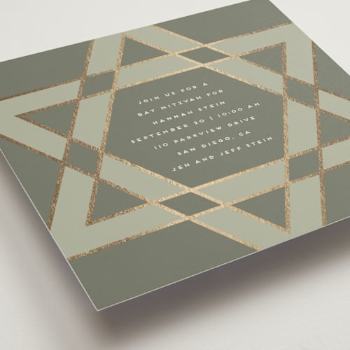 This is a sage bar mitzvah bat mitzvah invitations with foil pressed by Stacy Maalouf called square star of david printing on signature in standard