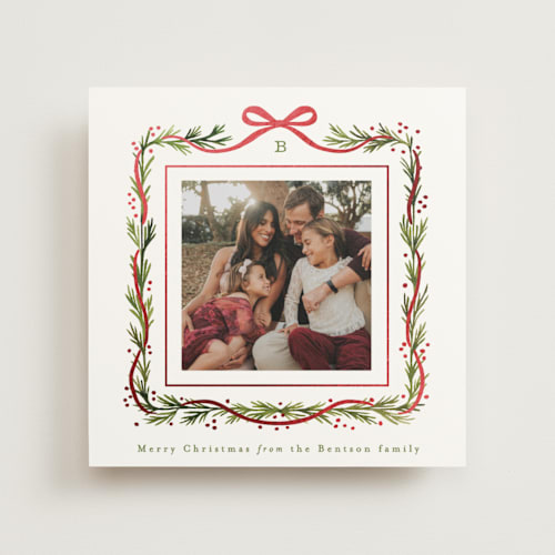 This is a mint photo mount holiday cards with foil pressed by Alethea and Ruth called garland border printing on recycled in photo_mount