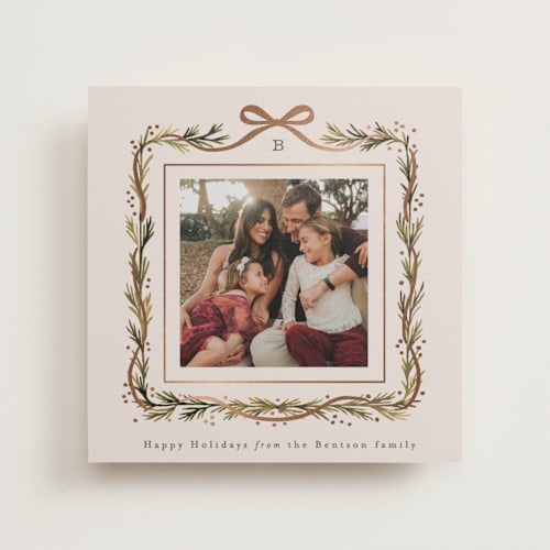 This is a champagne photo mount holiday cards with foil pressed by Alethea and Ruth called garland border printing on recycled in photo_mount