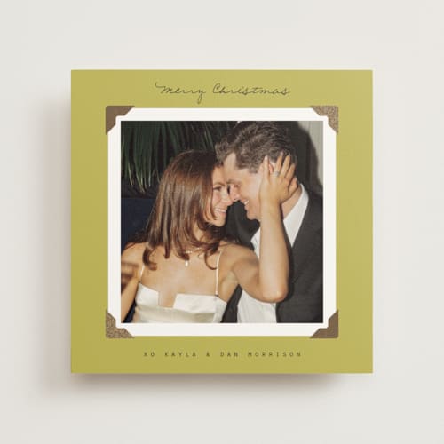 This is a chartreuse photo mount holiday cards with foil pressed by Everett Paper Goods called album view printing on recycled in photo_mount