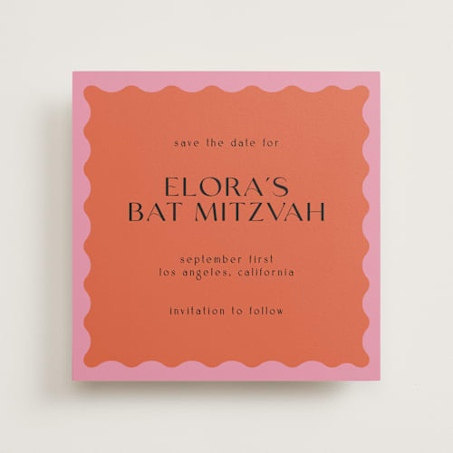 This is a lollypop bar and bat mitzvah save the date with standard by Pati Cascino called scallop printing on signature in standard