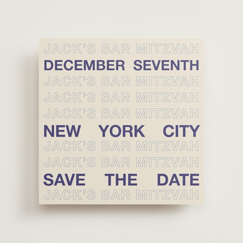 This is a cream bar and bat mitzvah save the date with standard by Cleghorn Creative called be there or be square - save the date printing on signature in standard